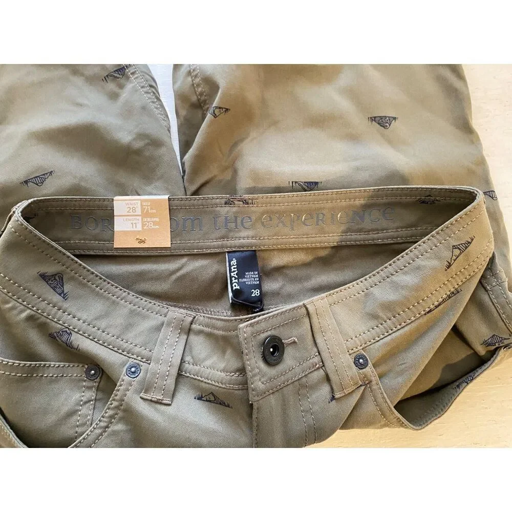 Prana Mens Shorts Slate Green 28” Waist Stretch Slim Fit Mountain Print NEW NWT
